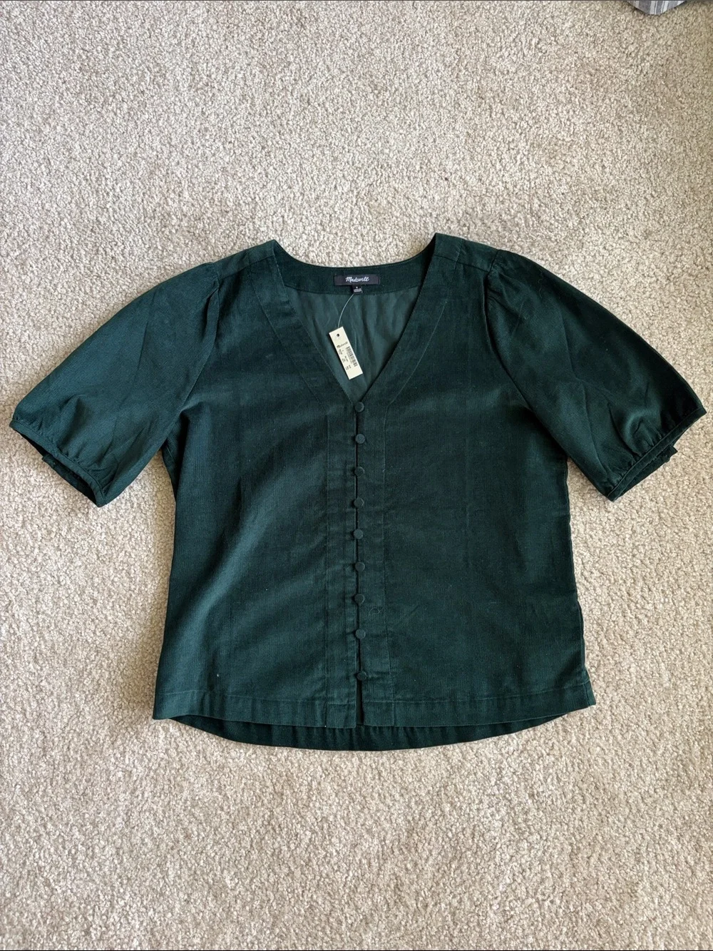 NWT Madewell Dark Green Corduroy V-Neck Button-Front Puff Sleeve Top